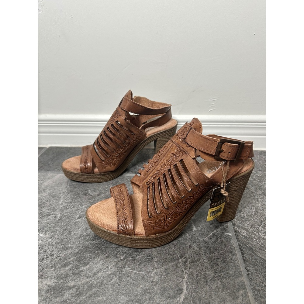 NWT Roper Mika lll Leather Open Toe Cognac Heel Strappy Sandal Size 8 Western - Picture 3 of 14